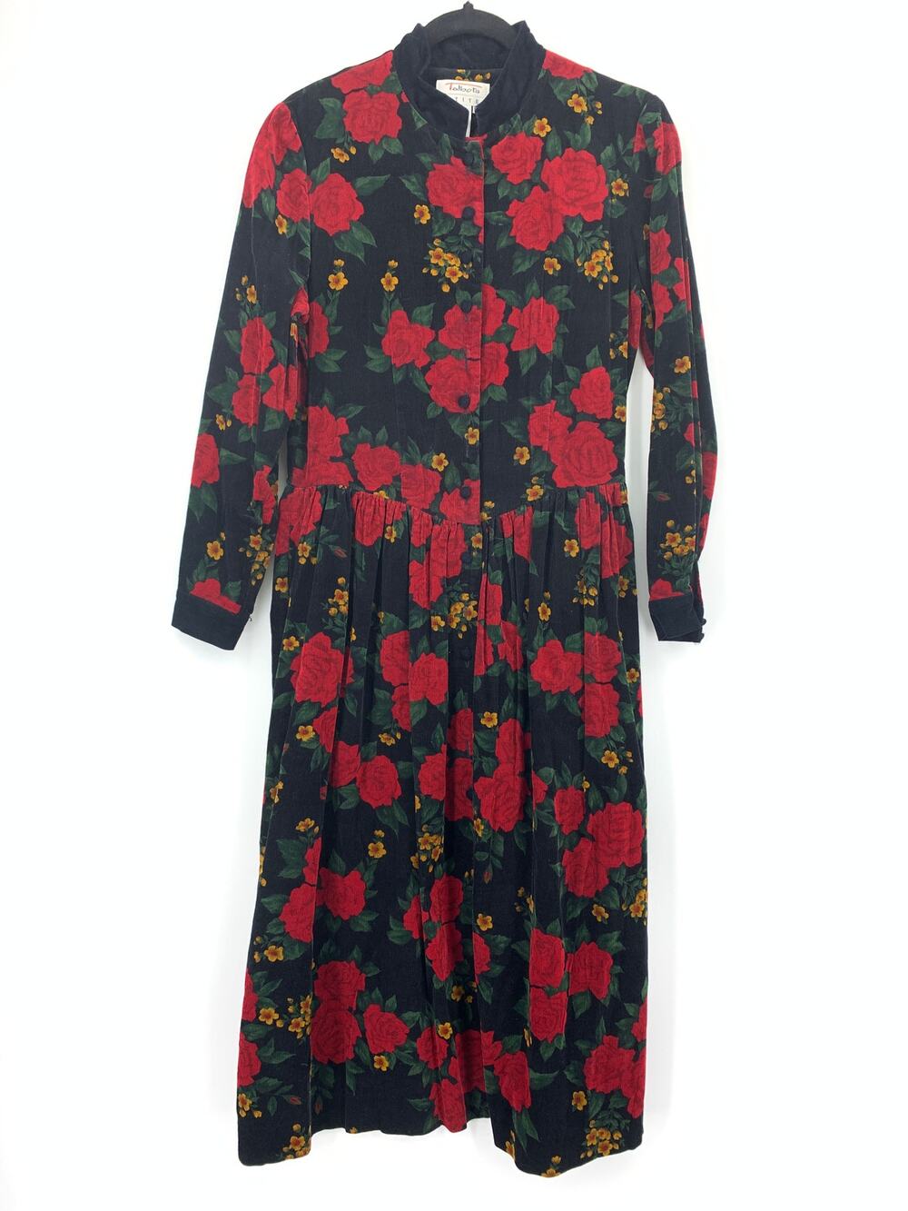 VTG Talbots Midi Length Dress Womens Sz 10P Black Red Floral Print Long Sleeve